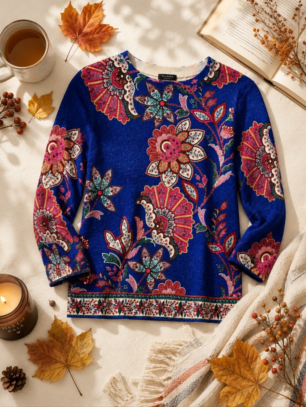 Talbots Vibrant Blue Floral 3/4sleeve Lt Crewneck Merino Wool Sweater. Ladies Sm